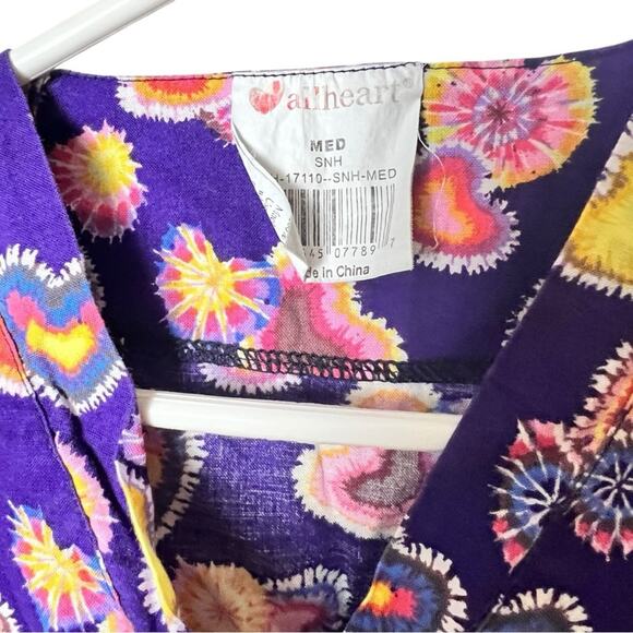 All Heart Colorful Tie Fye Print Heart and Flower Print Scrub Top Sz M - Picture 3 of 5